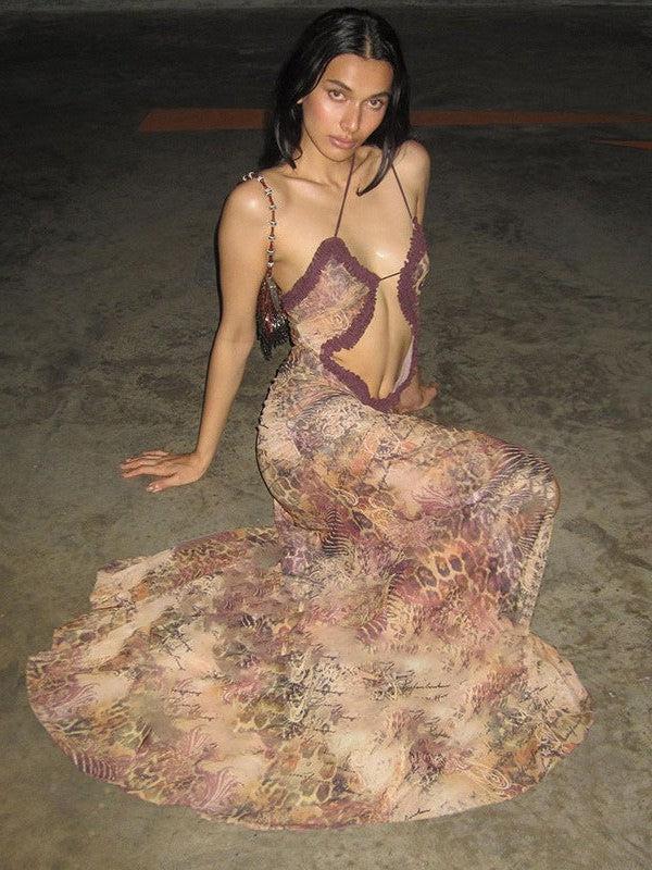 Cutout Suspender Ear Print Loose Fitting Cropped Maxi Dress