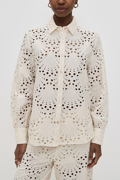 Lillah Embroidered Lace Shell Pattern Long Sleeve Loose Blouse
