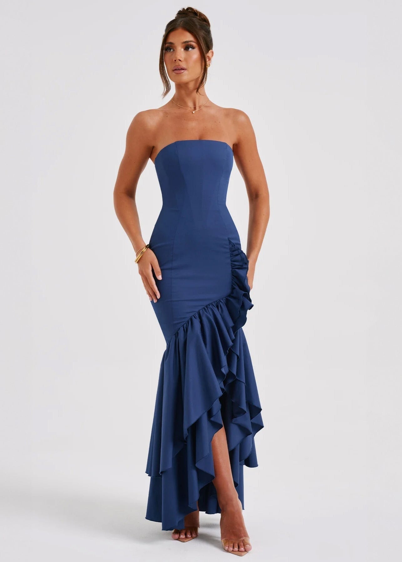 Midnight Cascade - Strapless Ruffled Maxi Dress