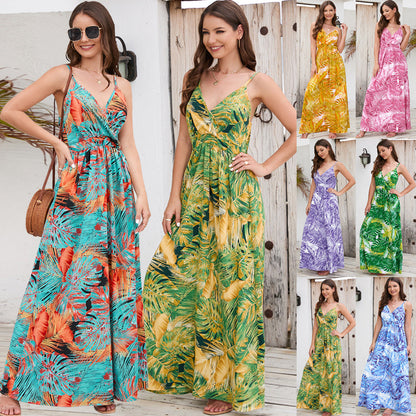 Palm Leaf Print Deep V Empire Waist A Line Maxi Dress