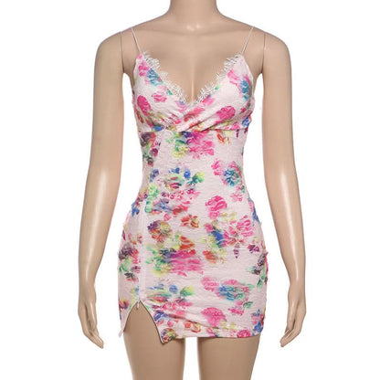 V neck lace flower print cami mini dress