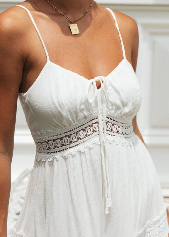 Aurelia Lace-Trim Maxi Dress – White Smocked Sundress with Adjustable Straps