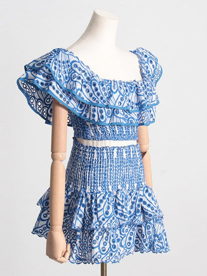 Embroidered Ruffle Crop Top & Short Skirt Coord Set