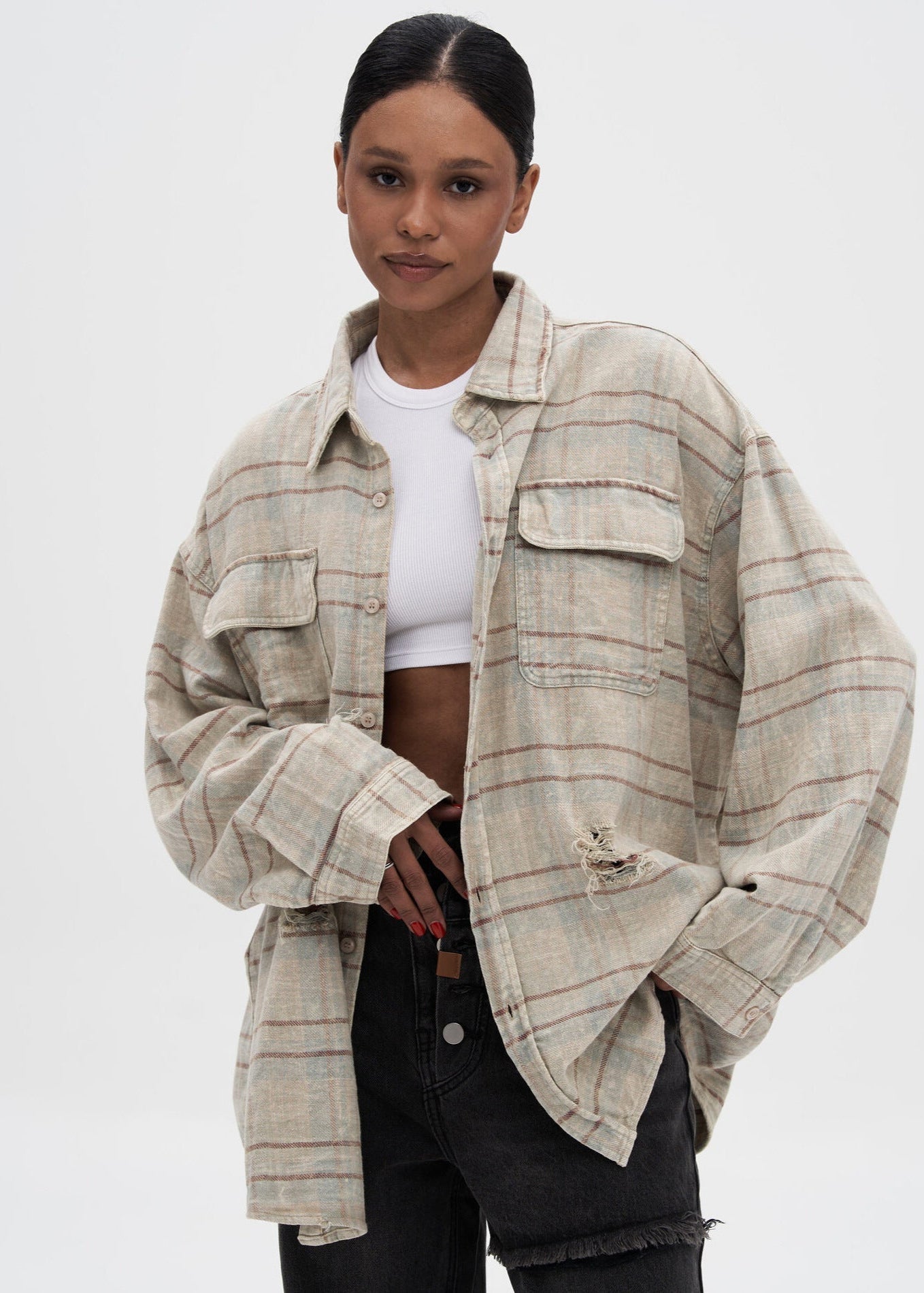 Rowan - Distressed Plaid Oversized Shirt