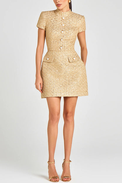 Gold Standard Tweed Fabric Pearl Button Short Sleeve Pocketed Mini Dress