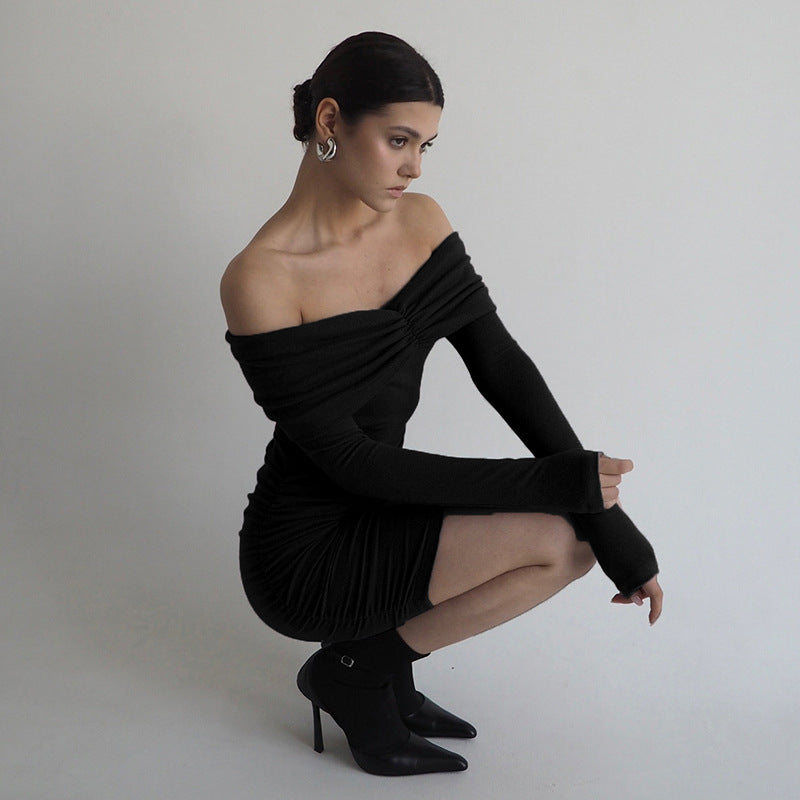 Off-Shoulder Ruched Gathered Bodice Long Sleeve Bodycon Mini Dress