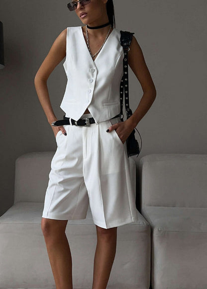 Chic White Tailored Vest & Bermuda Shorts Set
