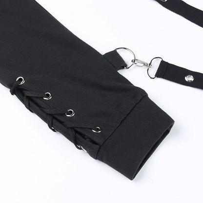 Hoodie long sleeve o ring lace up top