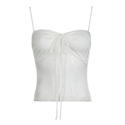 Lace solid self tie ruched backless cami top