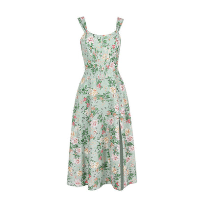 Floral Print Corset Boning Scoop Neck Tank Strap Side Slit A-Line Midi Dress