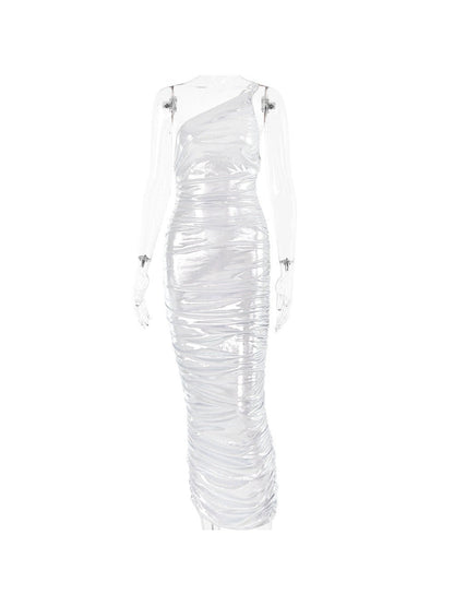 Metallic Coated One Shoulder Sheath Knitted Coated Dress