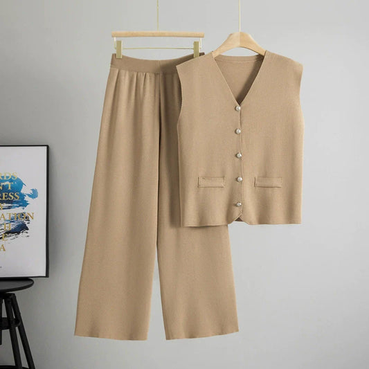 Khaki – Loose Cardigan Sleeveless Two-Piece Set