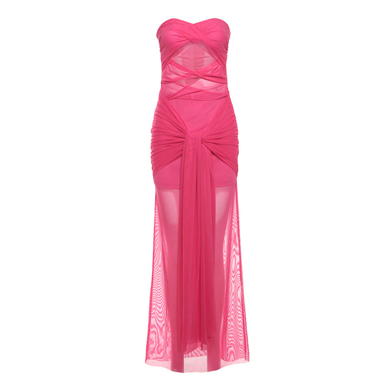 Tube Top off Neck See through Tied Slim Fit Dress for