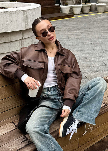 Rustlane - Distressed Faux Leather Zip Jacket