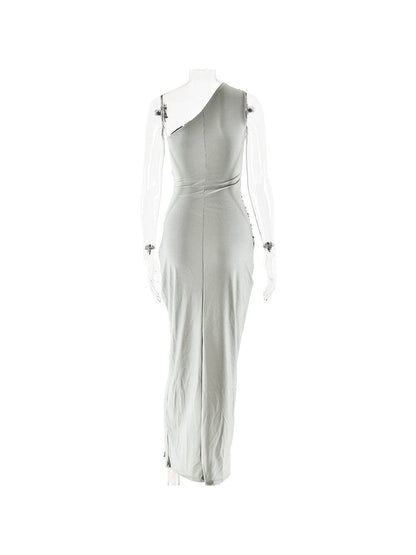 One Shoulder Sleeveless High Slit Buckle Maxi Dress