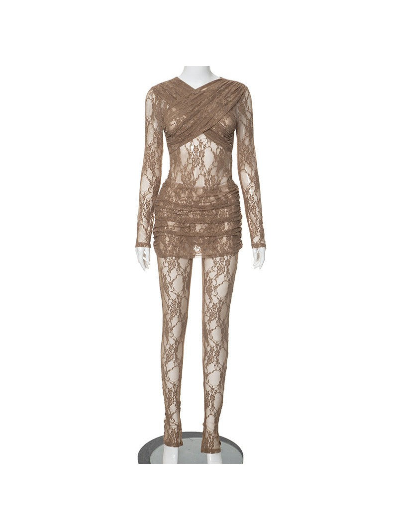 Crew Neck Patchwork Lace See Dress