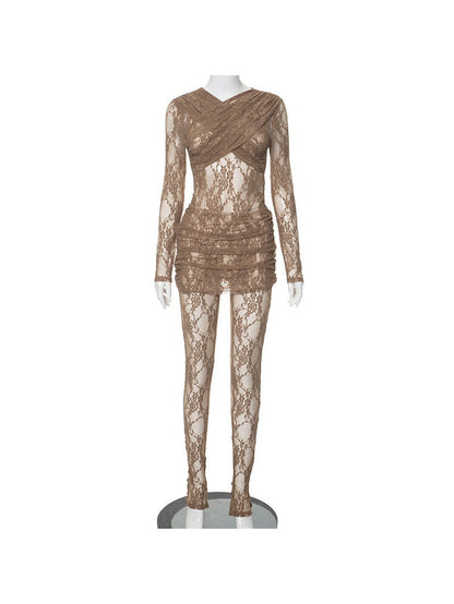 Crew Neck Patchwork Lace See Dress