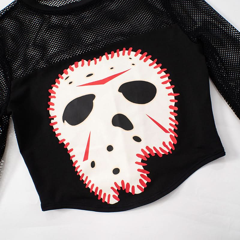 Long sleeve crewneck fishnet hole head pattern top