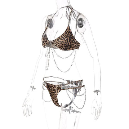 Halter self tie leopard print u neck metal chain pant set