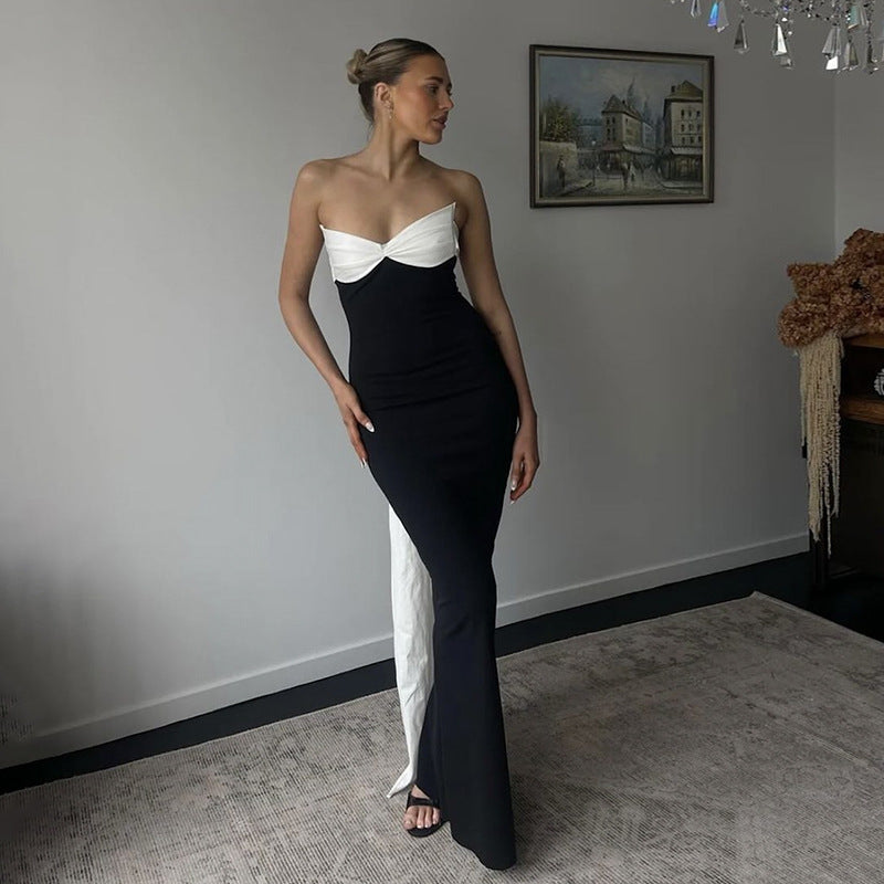 Contrast Twist Front Strapless Bow Back Draped Train Maxi Dress