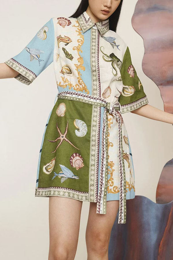 Deep Sea Dreaming Linen Blend Unique Print Tie-up Pocketed Shirt Mini Dress