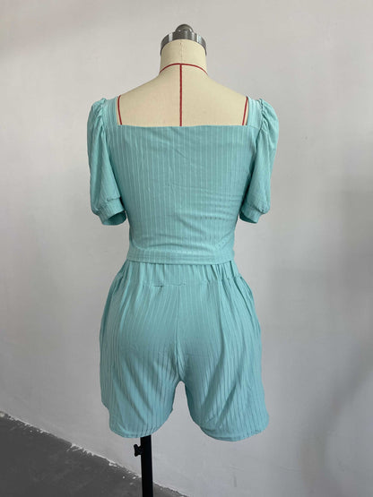 Puff Sleeve Short Shirt High Waist Shorts with Belt Coord Set