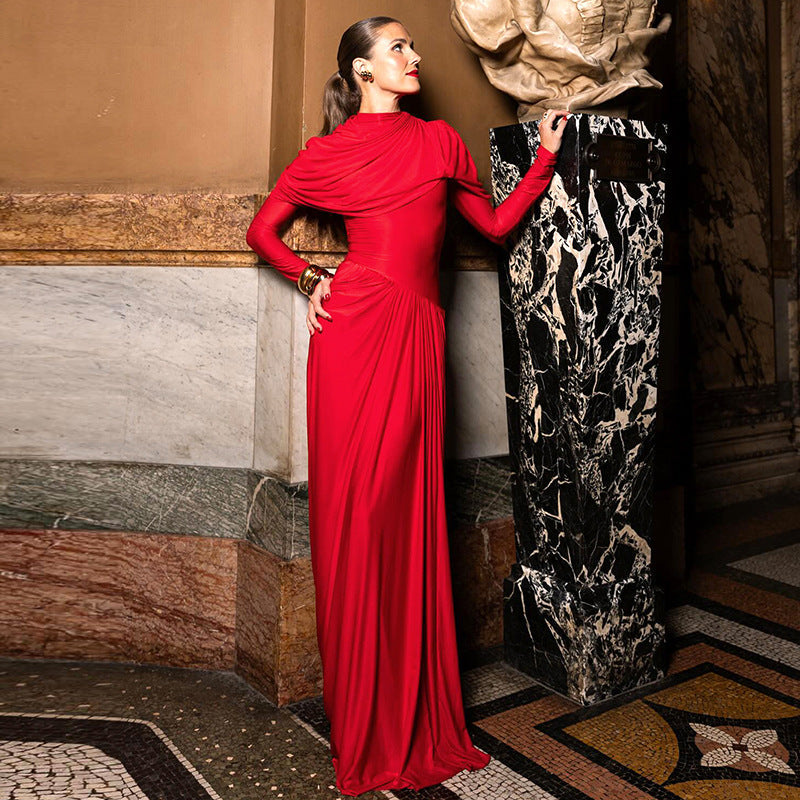 Draped Mock Neck Ruched Asymmetric Shoulder Cascade Pleat Maxi Gown