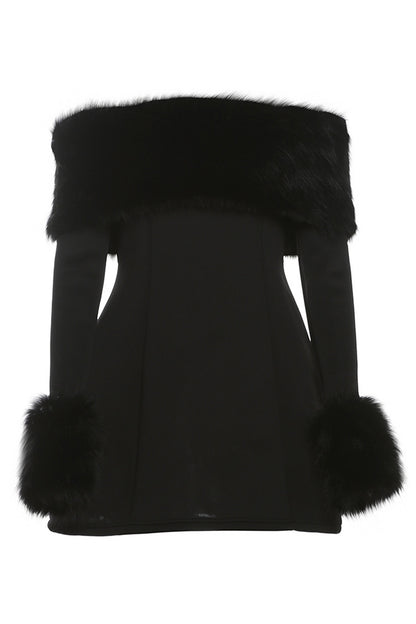 Regina Fur Collar Off Shoulder Mini Dress