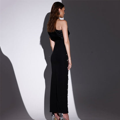 One Shoulder Ruffle Detail Rhinestone Embellished Bodycon Floor-Length Gown