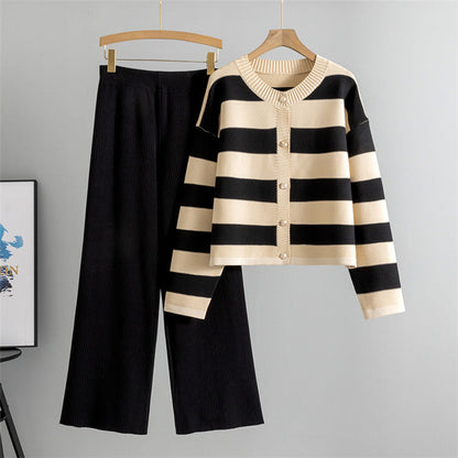 Black - Loose Striped Sweater Two Piece Set