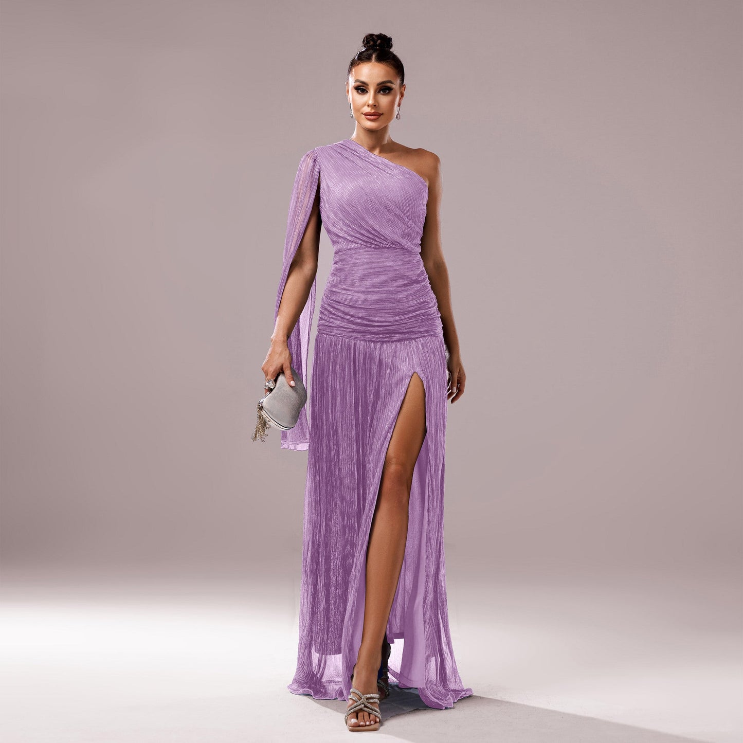 One-Shoulder Long Sleeve Slit Gown Elegant Evening Dress