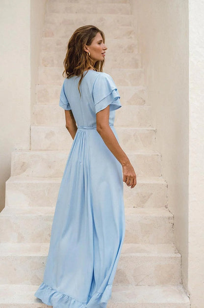 V Neck Short Sleeve Dress Split Dress