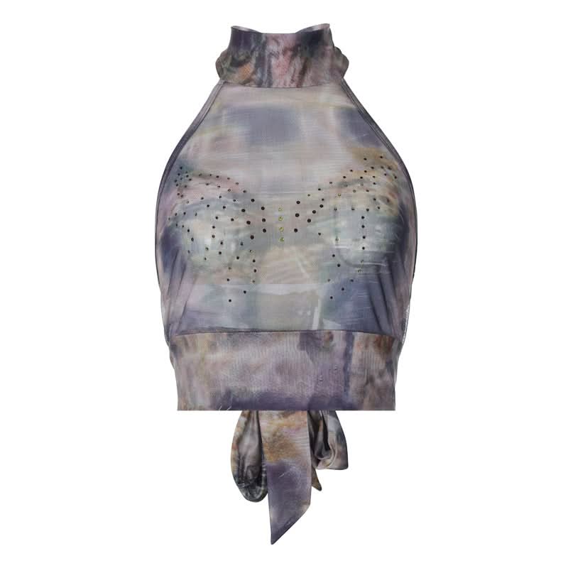 Halter beaded mesh self tie print backless top
