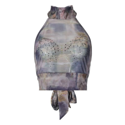 Halter beaded mesh self tie print backless top
