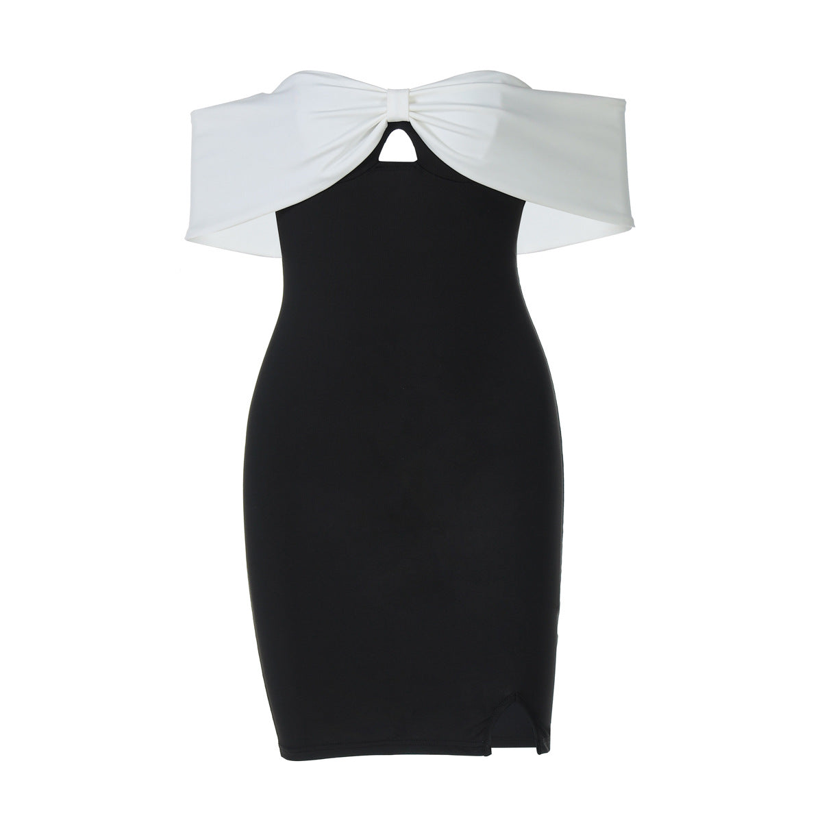 Off-Shoulder Contrast Trim Sweetheart Keyhole Side Slit Bodycon Mini Dress