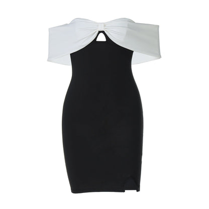 Off-Shoulder Contrast Trim Sweetheart Keyhole Side Slit Bodycon Mini Dress