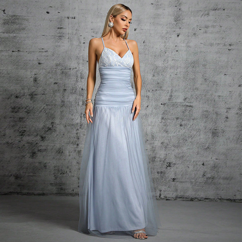 Lace Applique Deep V-Neck Spaghetti Strap Ruched Bodice Tulle A-Line Maxi Gown