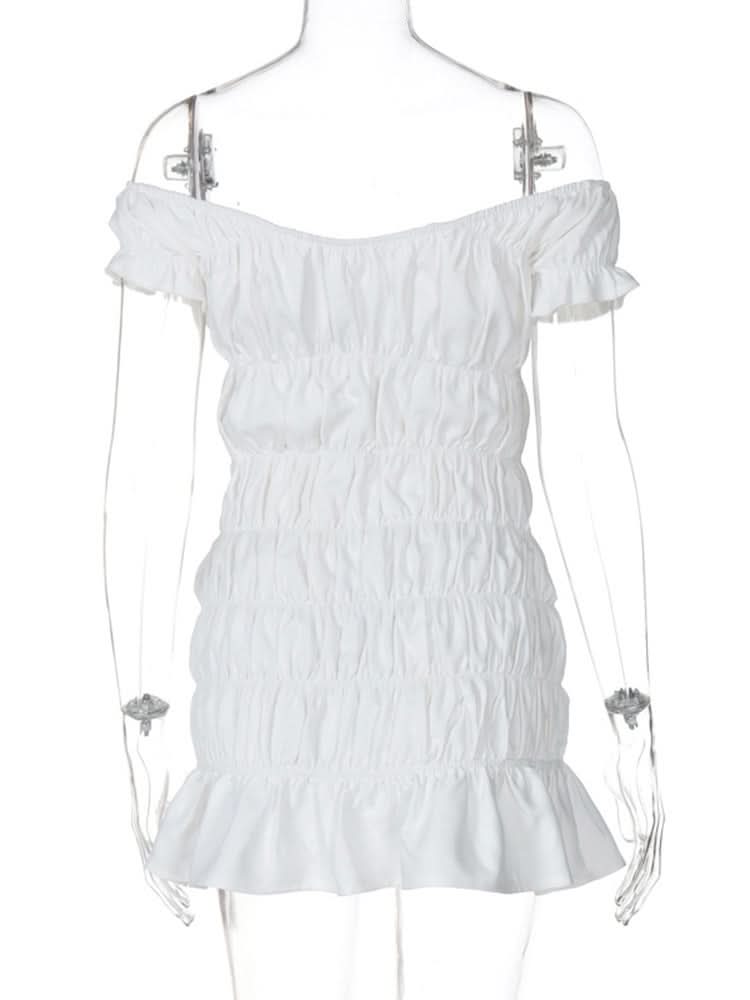 Ruched ribbon off shoulder v neck mini dress