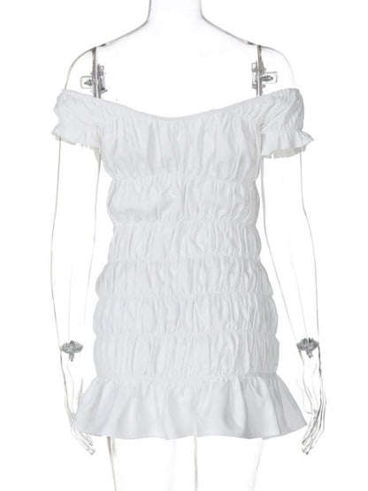 Ruched ribbon off shoulder v neck mini dress