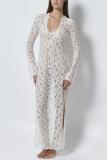 Women's Lace Lace White Lucky Flower Dress Long, Long Sleeve Sheer Tie INS Loose Holiday Split Dresses