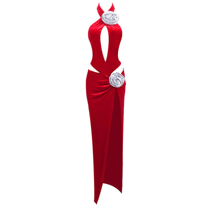 Halter Plunging V Velvet 3D Floral Applique Cutout Slit Maxi Dress