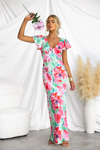 Teresa Floral Printed V-neck Maxi Dress