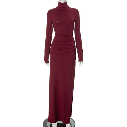 Mock Neck Long Sleeve Ruched Gathered Side Slit Bodycon Maxi Dress