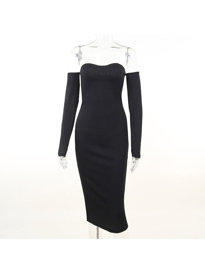 Knitted Off Shoulder Long Sleeve Tube Top Dress