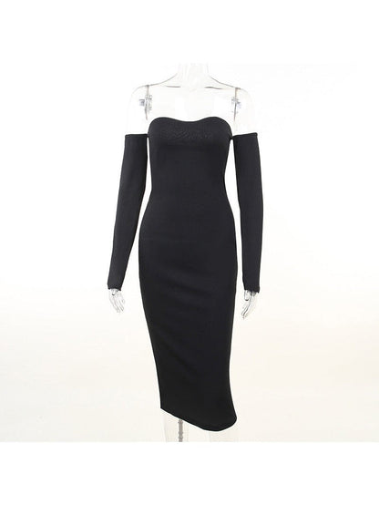 Knitted Off Shoulder Long Sleeve Tube Top Dress