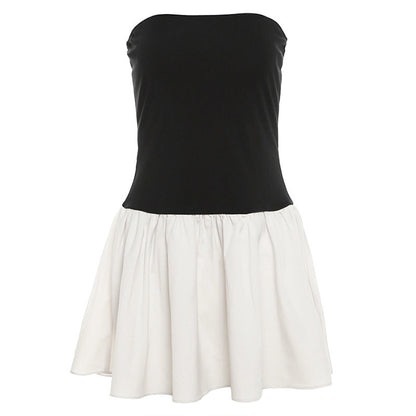 off Neck Color Contrast Patchwork Pleated Slim Dress for
