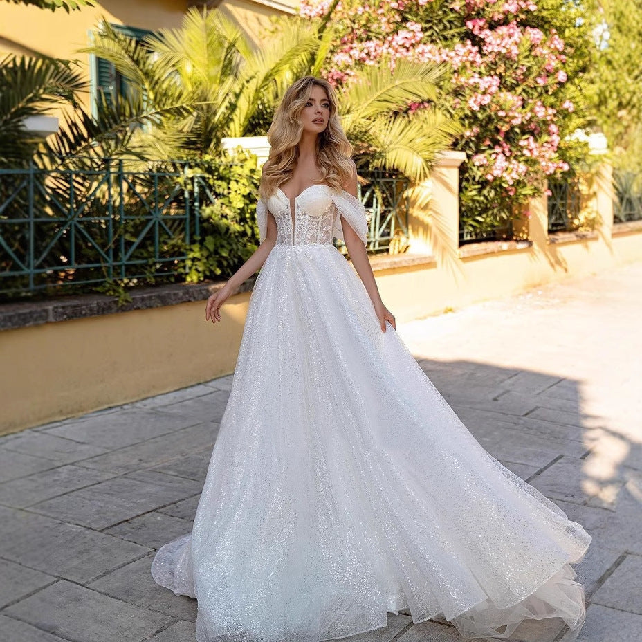 Off-Shoulder Deep V Sparkle Wedding Dress