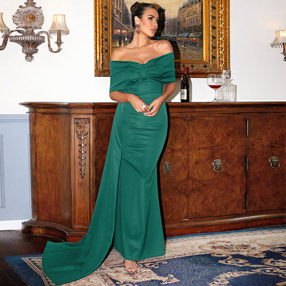 Off Shoulder Draped Foldover Neck Side Slit Mermaid Maxi Gown