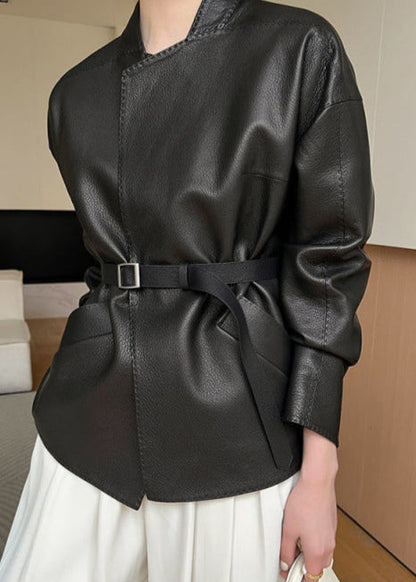 Raven Belted Faux Leather Jacket – Minimalist Wrap Design