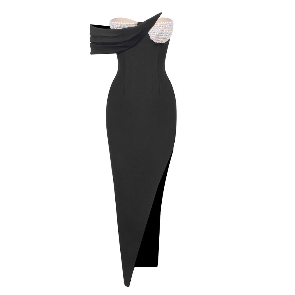 Pearl Beaded Strapless Asymmetric Drape One-Shoulder High Slit Maxi Gown